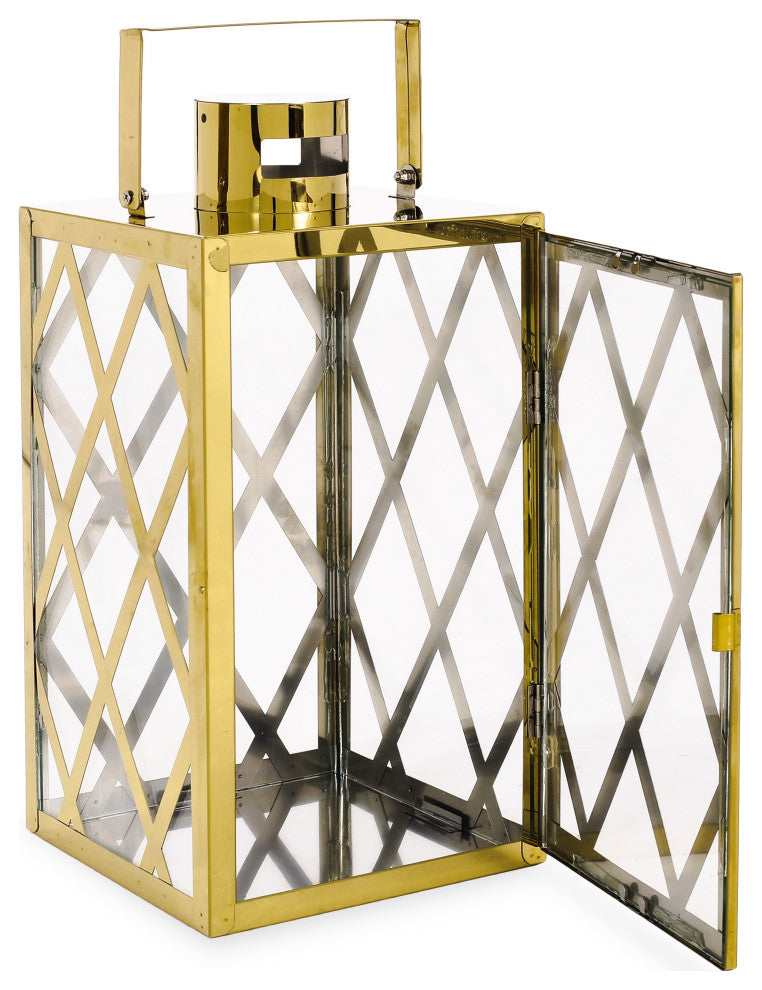 Cecil Outdoor 14" Modern Stainless Steel Lantern, Gold