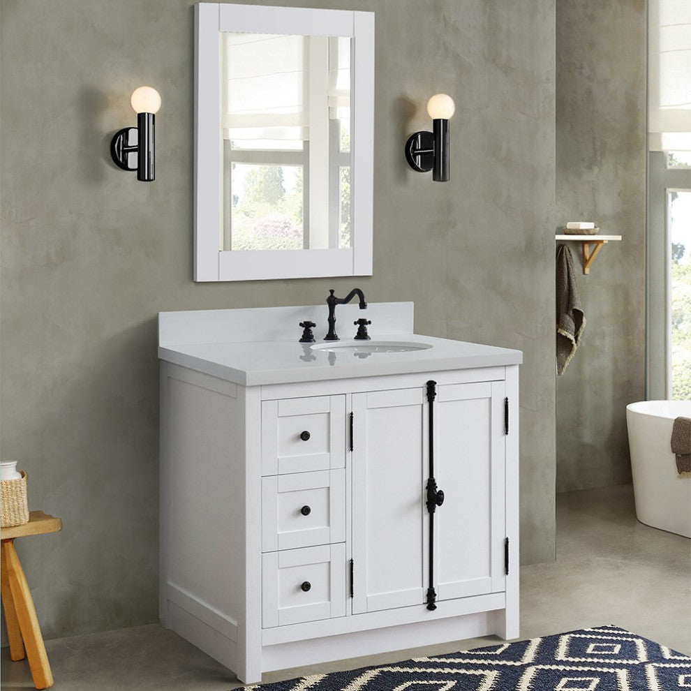 37" Vanity, Glacier Ash, White Engineered Stone Top, Right Doors/Right Oval Sink