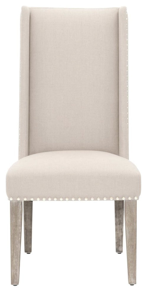 Acacia Wood Linen Upholstered Dining Chair, Gray, Set of Two