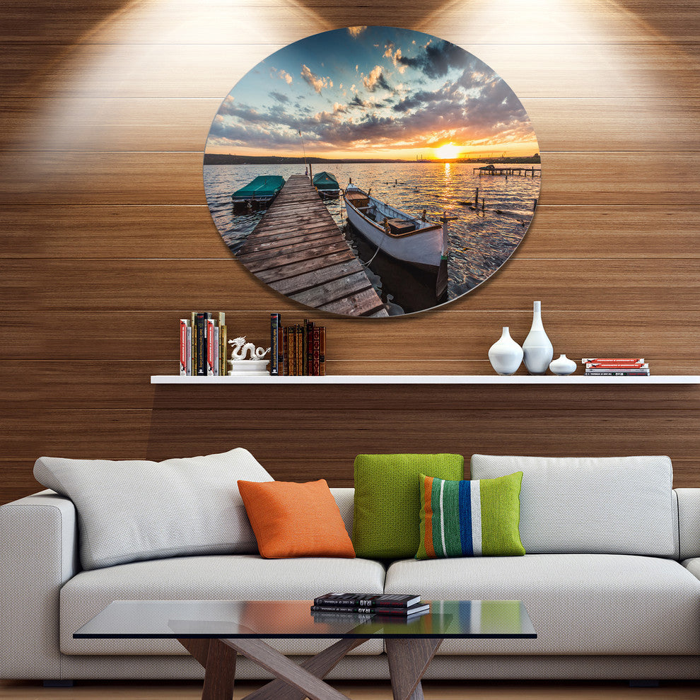 Boats And Jetty Under Dramatic Sky, Modern Bridge Round Wall Art, 11"