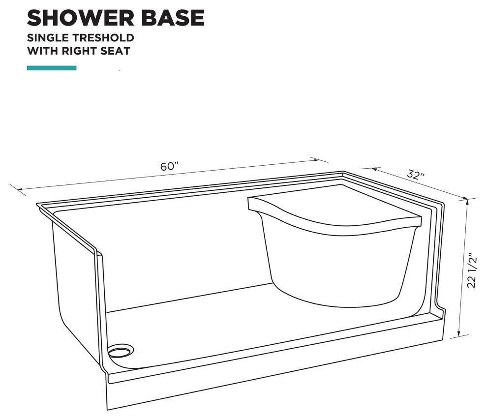 Single Threshold Acrylic Non-Slip Shower Base, Seat 60 x 32, Left Hand Drain