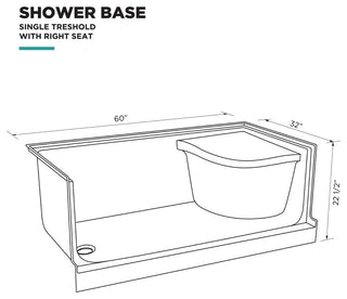 Single Threshold Acrylic Non-Slip Shower Base, Seat 60 x 32, Left Hand Drain