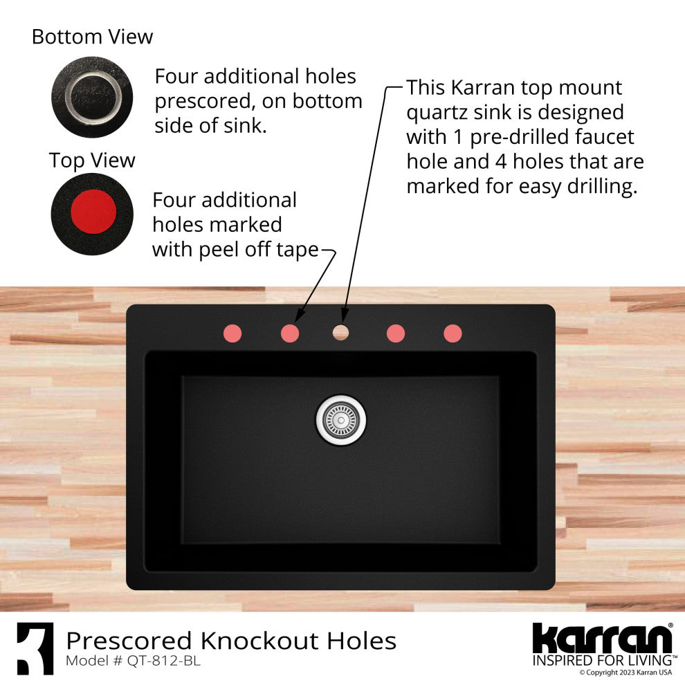 Karran QT-812 Top Mount 33" Large Single Bowl Quartz Kitchen Sink, Brown