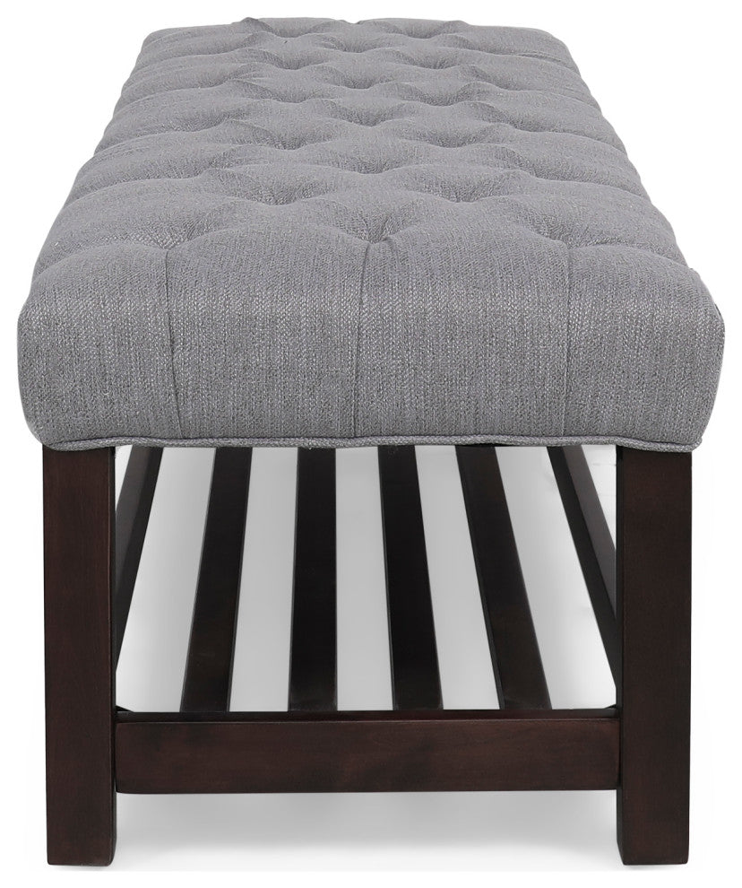Pelon Contemporary Button Tufted Bench With Shelf, Gray/Dark Walnut