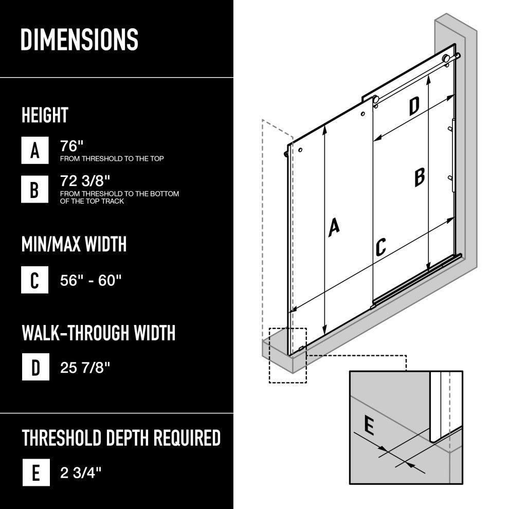 VIGO Elan E-Class 56" to 60" W x 76" H Frameless Sliding Shower Door, Stainless Steel, Clear Glass
