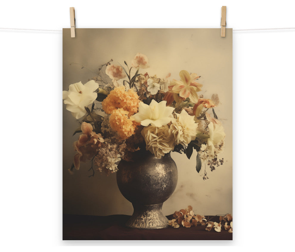 Floral Symphony Bouquet Retro Subdued Photorealism Digital Artwork Loose Print, 16" X 20"