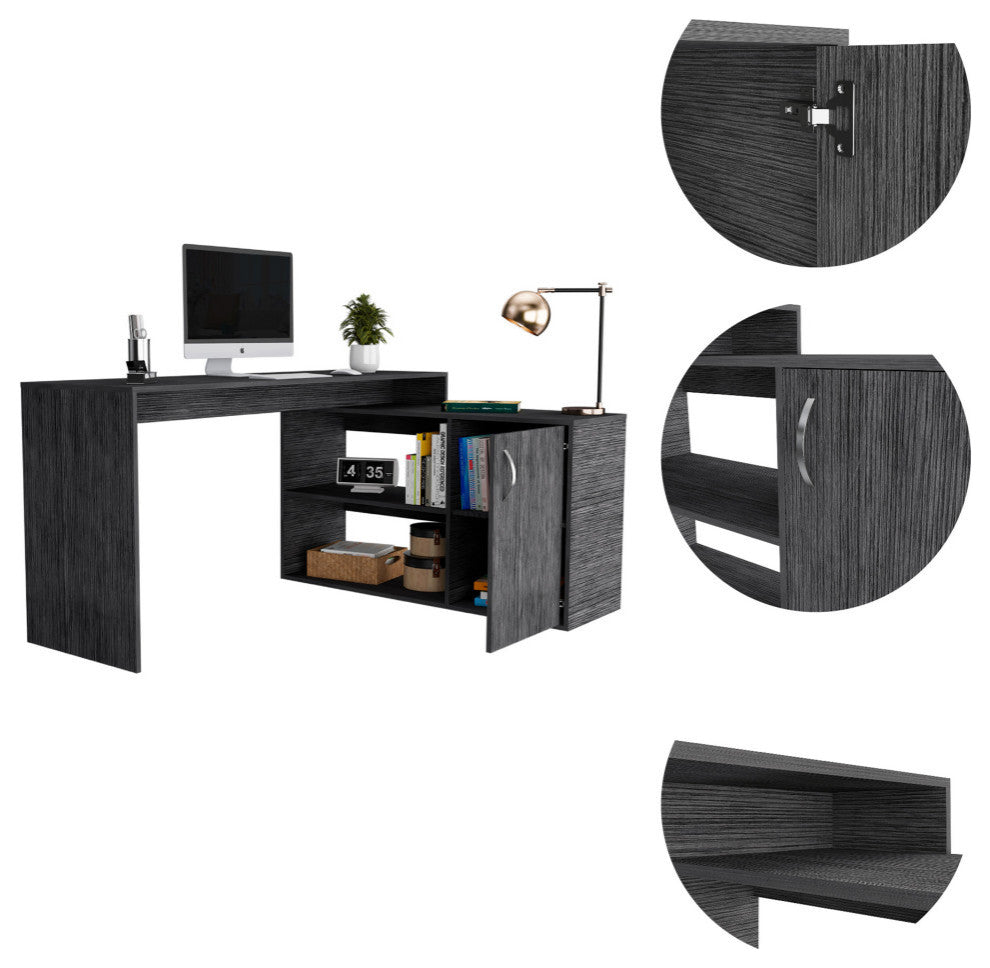 Dallas L-Shaped Home Office Desk with 2 Open Shelves and Cabinet, Smokey Oak