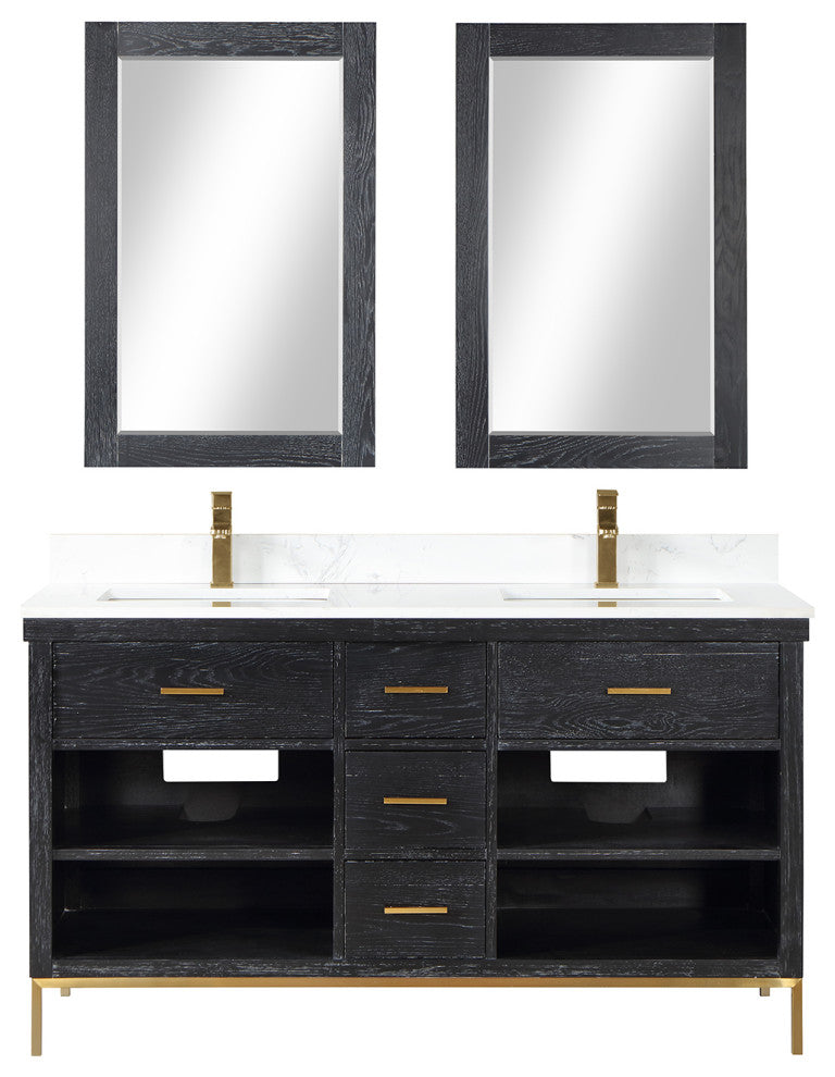 Kesia Black Oak Bathroom Vanity Set, 60", With Mirror