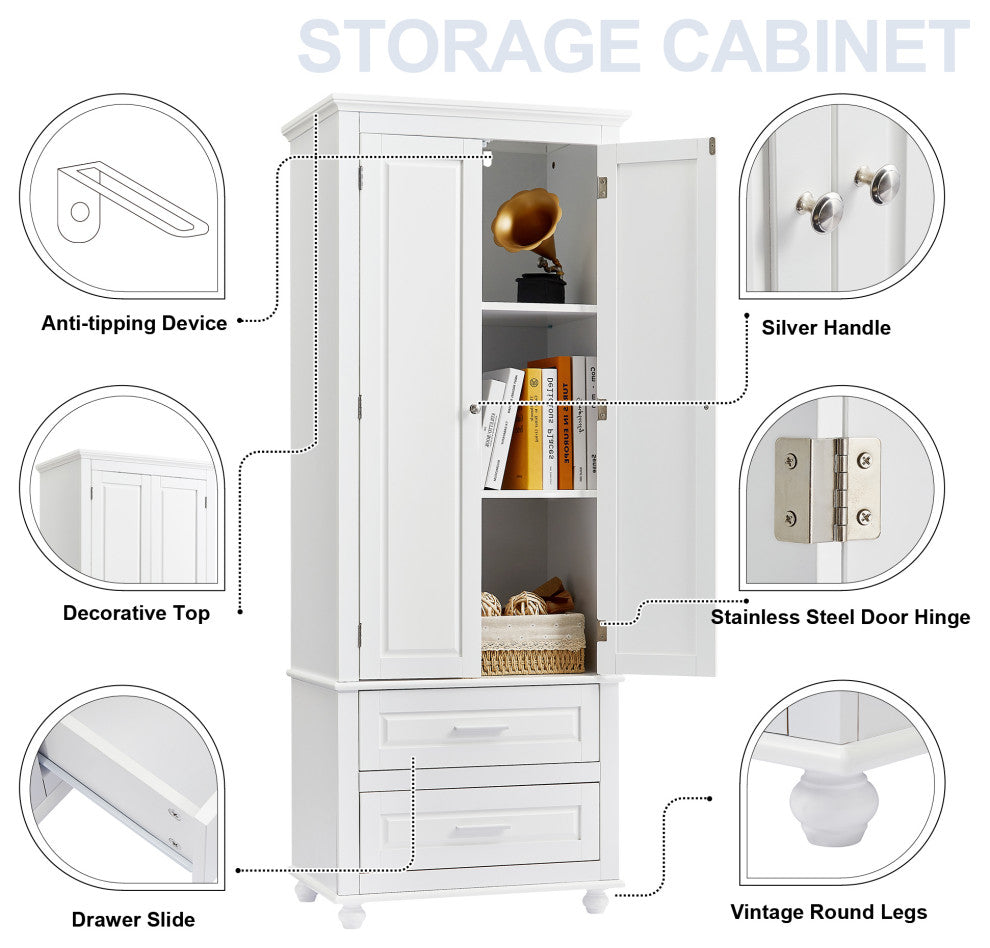 63" Tall Wood 2-door Bath Cabinet, White, Adjustable Shelf