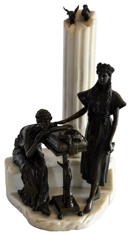 Two Pensive Goddesses by Marbe Pillar Bronze Statue  8" x 8" x 13"H