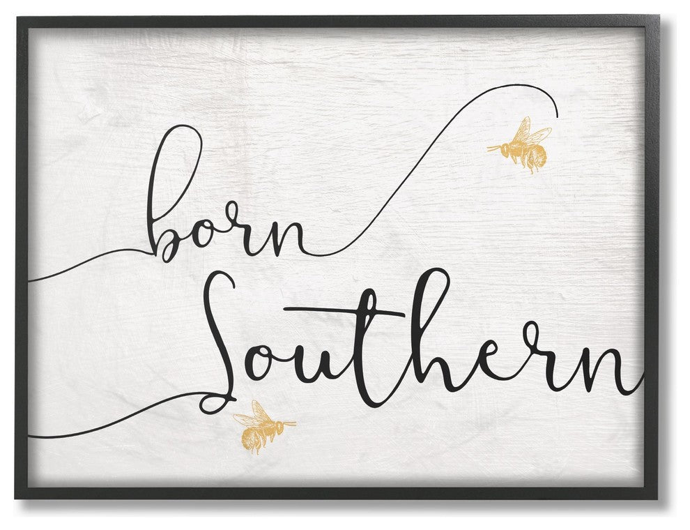 Born Southern Yellow Bees Script Typography Framed Giclee Art, 11"x14"