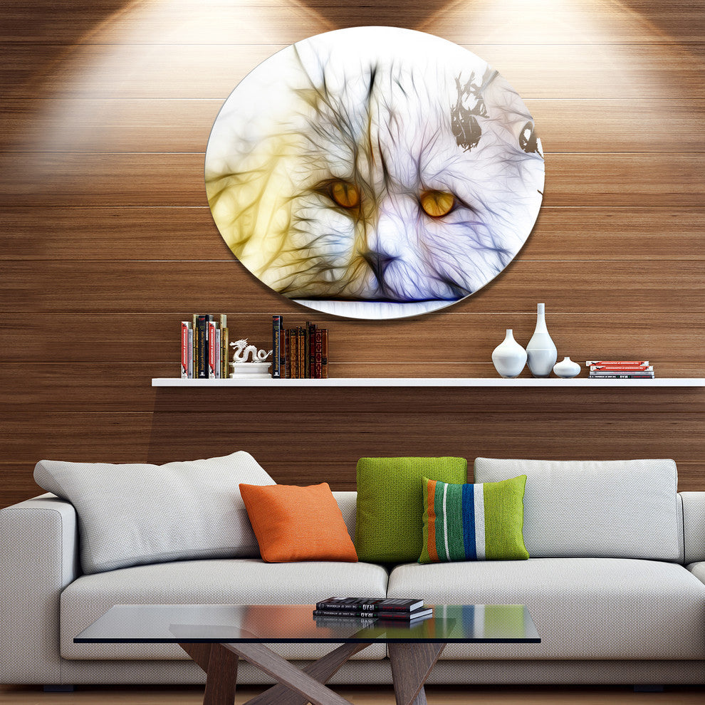 Cute White Cat Fractal Illustration, Animal Disc Metal Wall Art, 36"