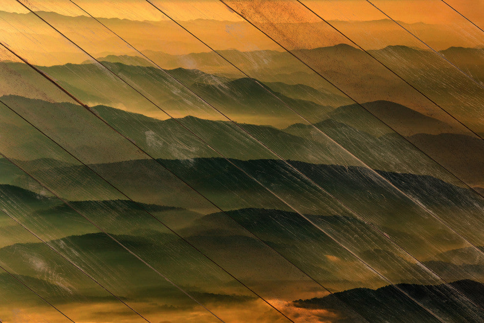 Faux Wood Foggy Mountain Layers at Sunset Landscape Unframed Wall Art Prints, 12" X 18"