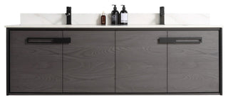 Oakville Wall Mount Bathroom Vanity, Black Coal Oak, 72", Black Hardware