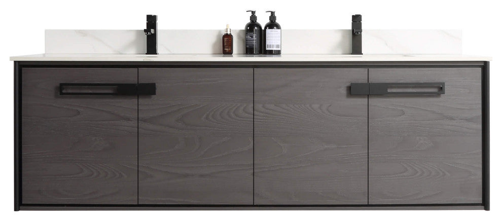 Oakville Wall Mount Bathroom Vanity, Black Coal Oak, 72", Black Hardware