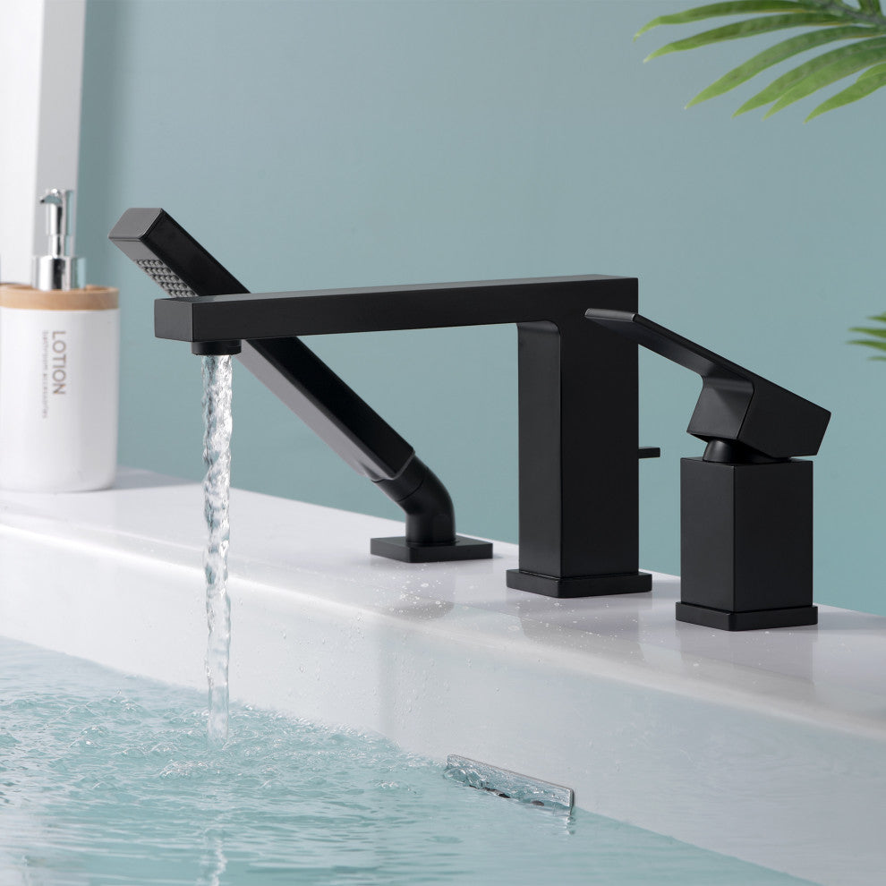 Luxier RTF17 Deck-Mount Roman Tub Faucet With Hand Shower, Matte Black