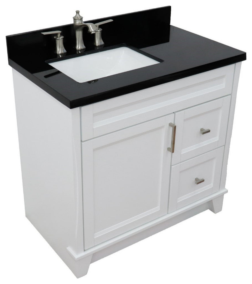 37" Single Sink Vanity, White Finish With Black Galaxy Granite