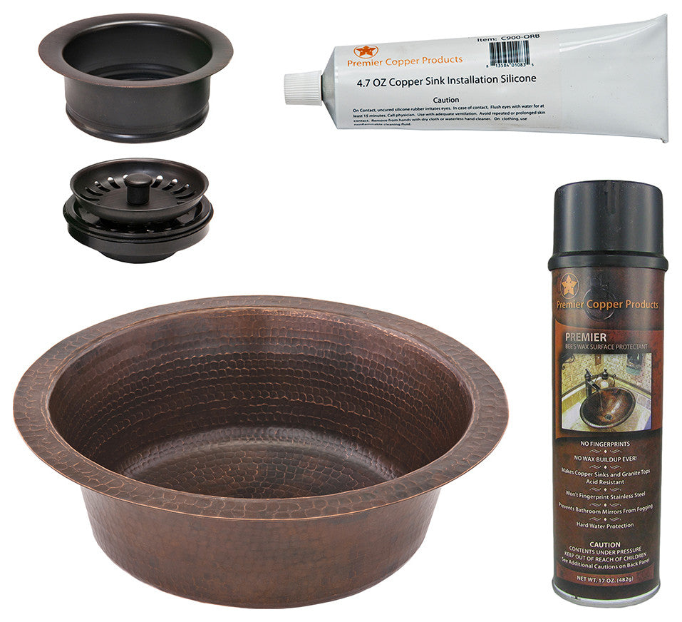 14" Round Hammered Copper Prep Sink, 3.5" Drain Opening, Drain & Accessories