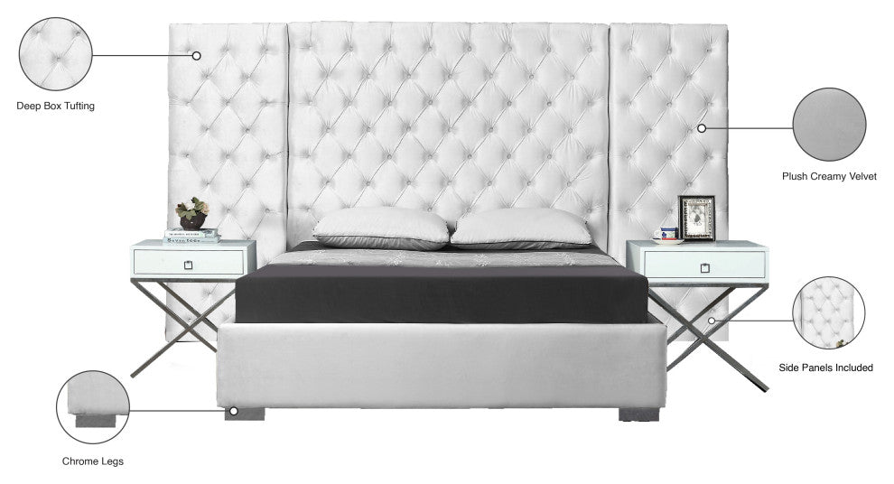 Grande Velvet Bed, White, Queen