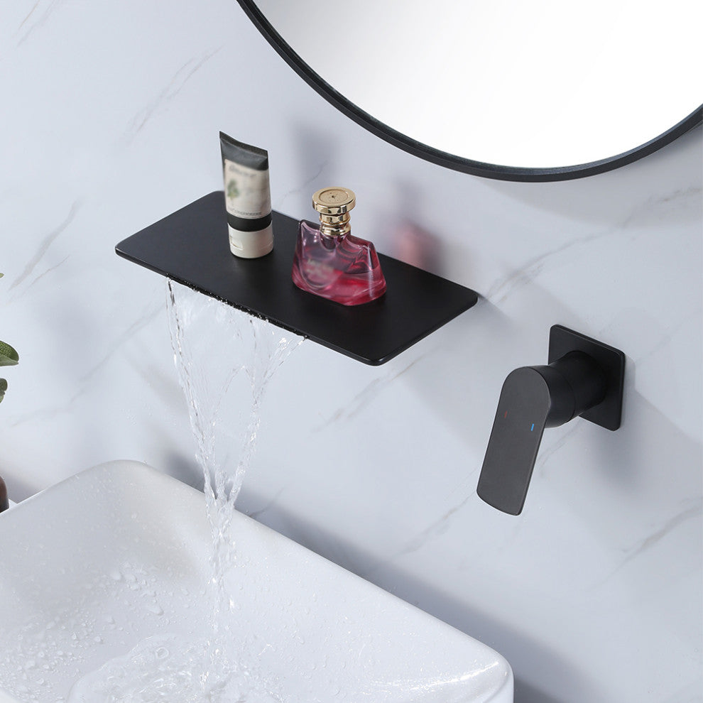 Waterfall Wall Mount Single Handle Bathroom Sink Faucet Solid Brass, Matte Black