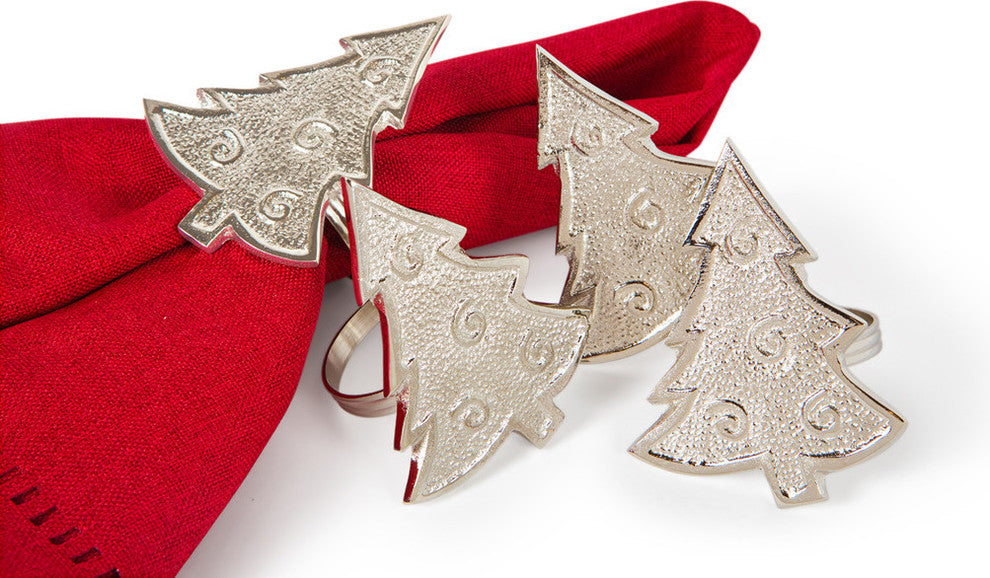 Tannenbaum Christmas Tree Holiday Metal Napkin Rings, Silver, Set of 4