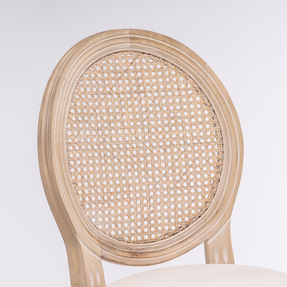 Elegant French High-Bar Chairs with Rattan Mesh Backrest and Solid Wood Frame, Cream Beige
