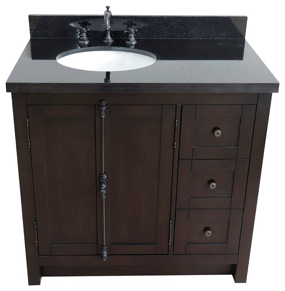 37" Single Vanity, Brown Ash With Black Galaxy Top, Left Doors/Left Oval Sink