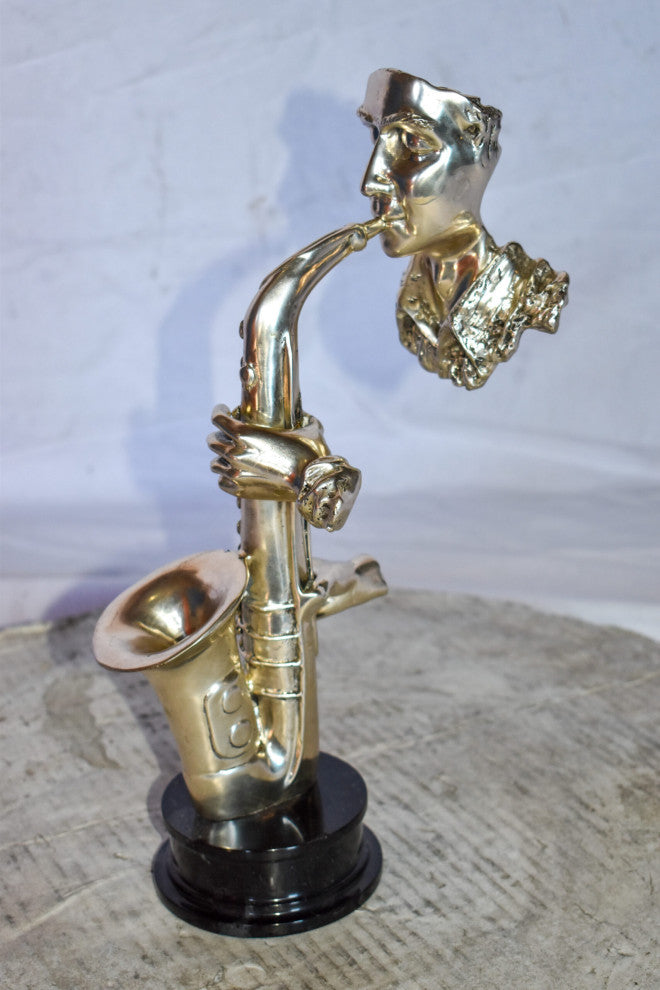 Modern Art of a Saxophone Player Bronze Statue on Marble  Size: 7" x 5" x 15"H
