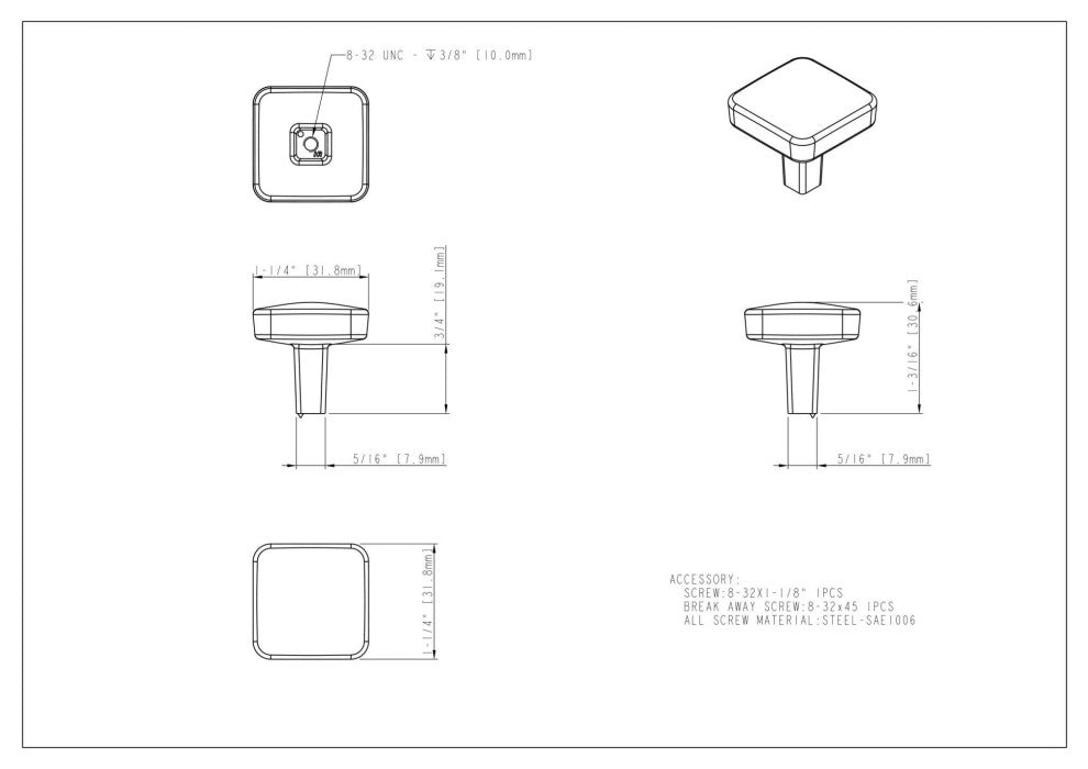 Jeffrey Alexander 905 Whitlock 1-1/4" Square Cabinet / Drawer - Brushed Gold