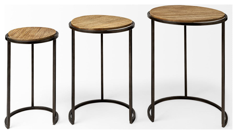 Glover Medium Brown Solid Wood w/ Black Metal Base Nesting Accent Tables