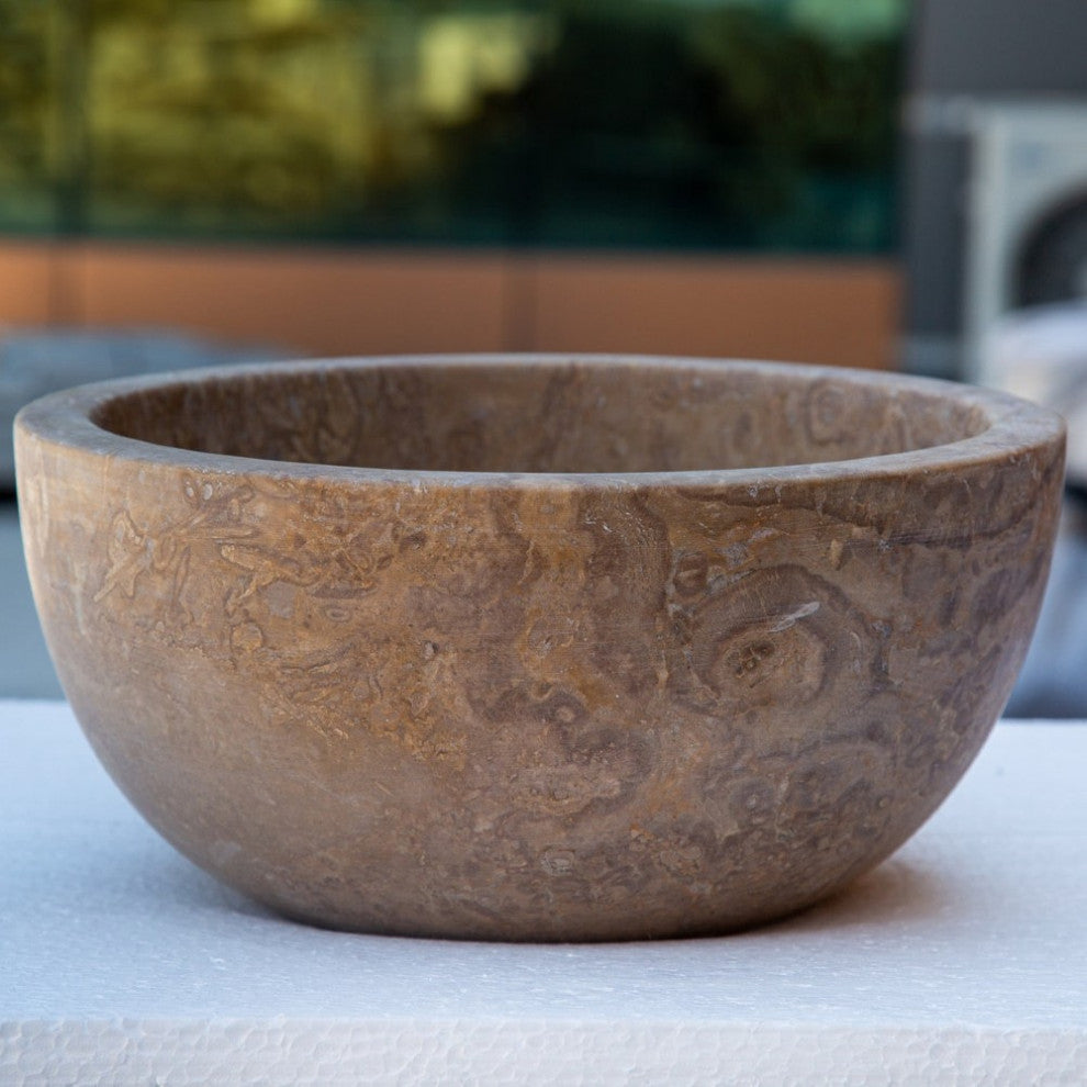 Noce Brown Travertine Natural Stone Round Vessel Sink (D)12.5" (H)6"