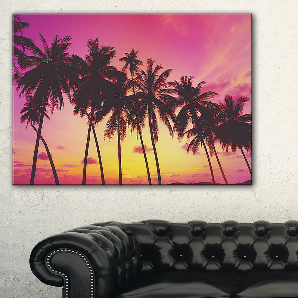 "Row of Beautiful Palms Under Magenta Sky" Wall Art Landscape, 1 Panel, 60"x28"