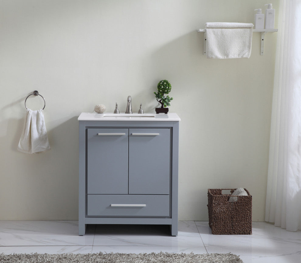 30" Single Bathroom Vanity, Grey With Ivory White Quartz