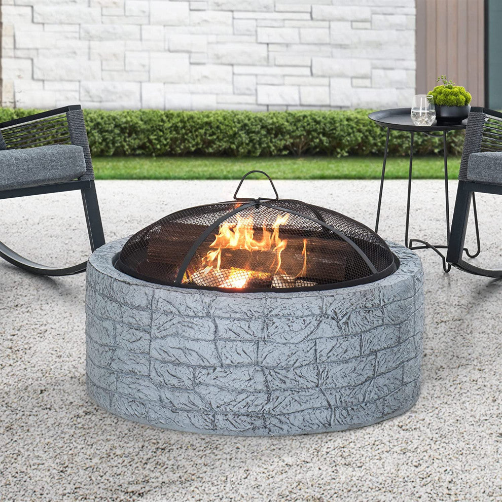 Sunjoy Stone 26" Round Wood Burning Firepit for Outside, Stone Gray