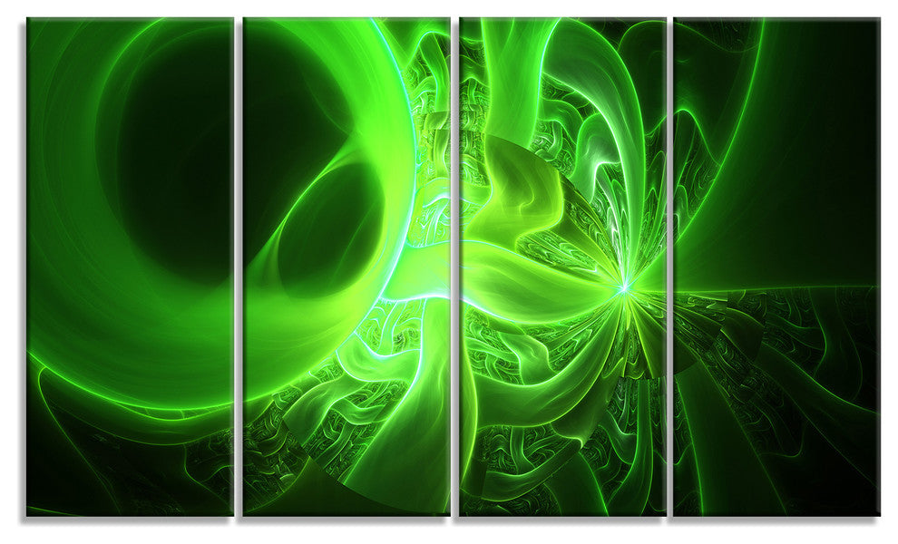 Bright Green Designs on Black, Abstract Wall Art Canvas, 48"x28", 4 Panels