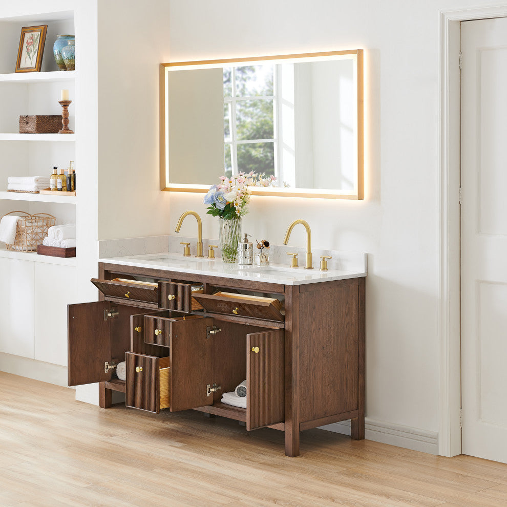Cerrito Bathroom Vanity, Brown Brushed Oak, 60" Double, With Mirror