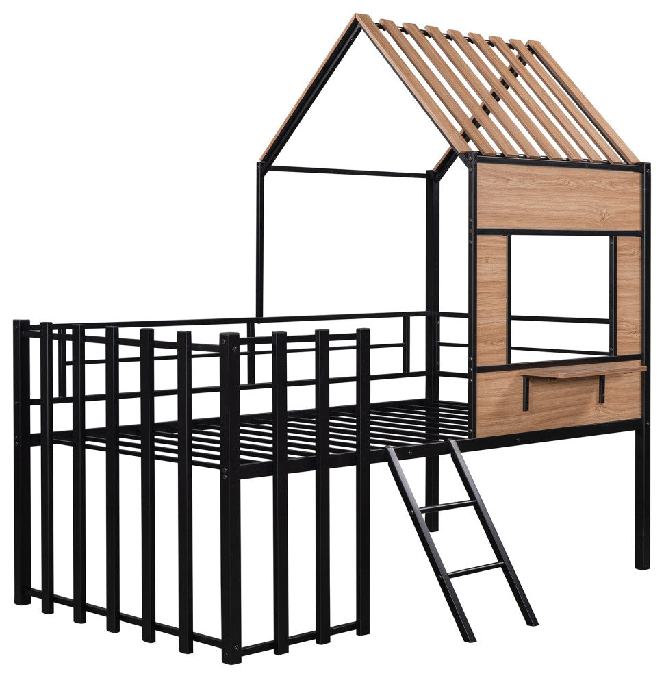 Gewnee Metal Twin size Loft Bed with Roof, Window, Guardrail, Ladder in Black