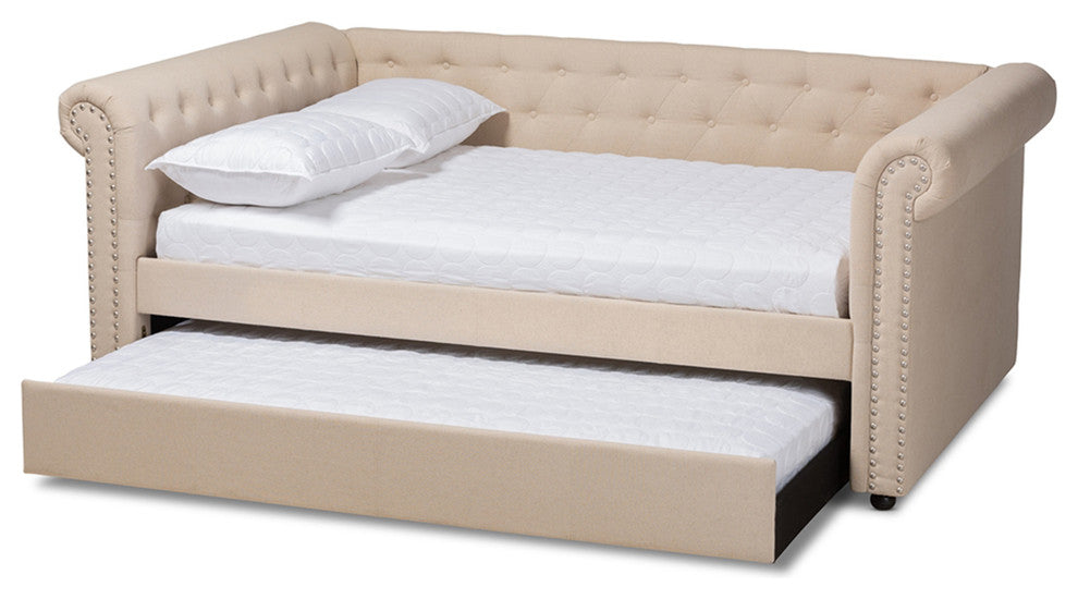 Beige Fabric Upholstered Full Size Daybed with Trundle