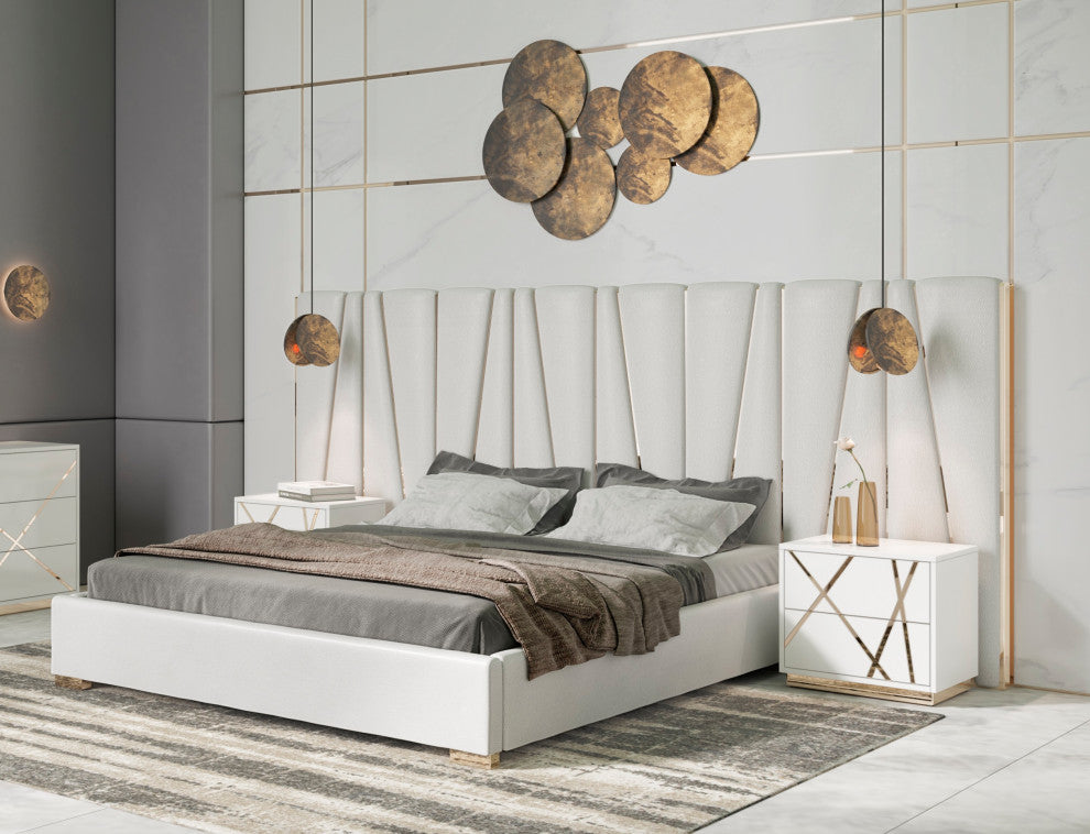 Modrest Nixa White + Rose Gold Bed + Nightstands, Eastern King