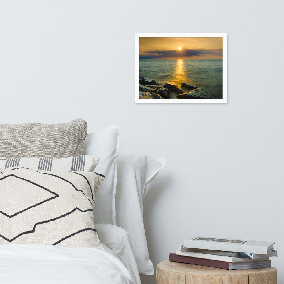 Sun Ray on the Water Coastal Landscape Framed Photo Paper Wall Art Print, Red Oak, 12" X 16"