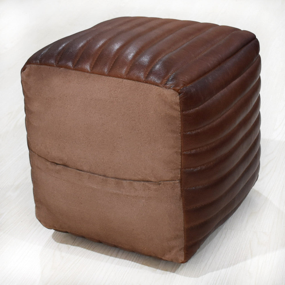 Poufs-Solid Handmade Goat Leather Pouf, Recycled Cotton Fill, Brown, 18x18x18  Square