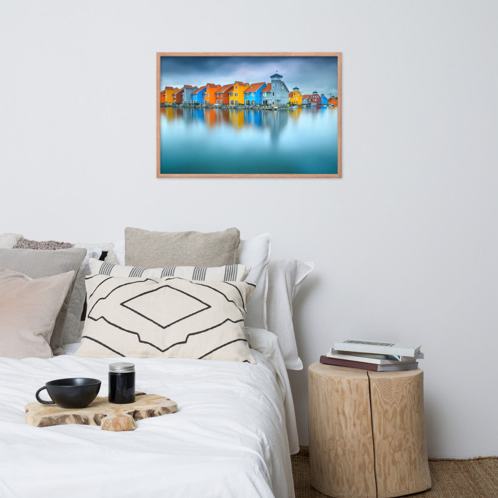 Blue Morning at Waters Edge Landscape Framed Photo Paper Wall Art Prints, Red Oak, 24" X 36"