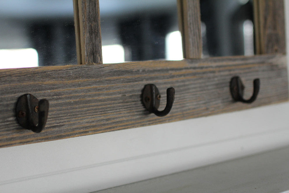 Windowpane Mirror With Coat Hangers, 10 Pane, Barnwood