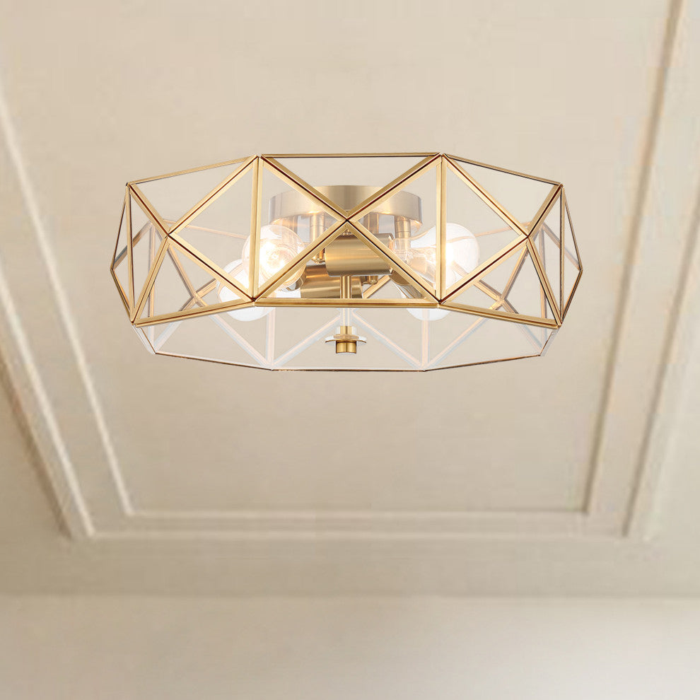 4 Light 16.93" Unique/Statement Geometric Flush Mount, Brass Dust