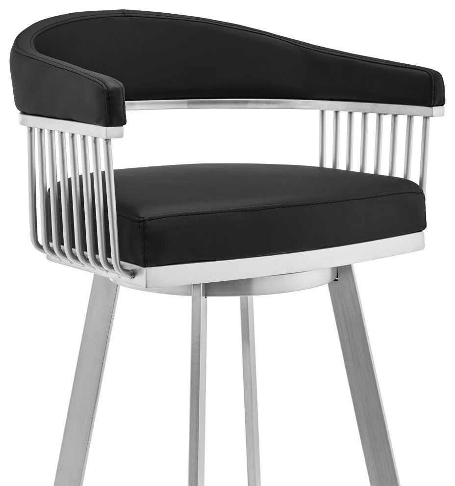 30" Mod Black Faux Leather Brushed Silver Finish Swivel Bar Stool