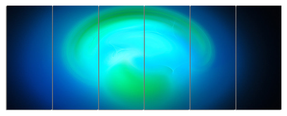 Blue Misty Sphere on Black, Abstract Canvas Art Print, 70"x28", 6 Panels