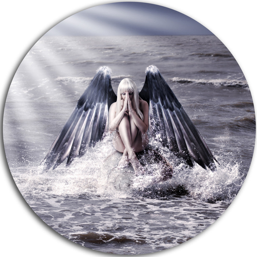 Woman With Dark Angel Wings, Modern Beach Round Metal Wall Art, 23"