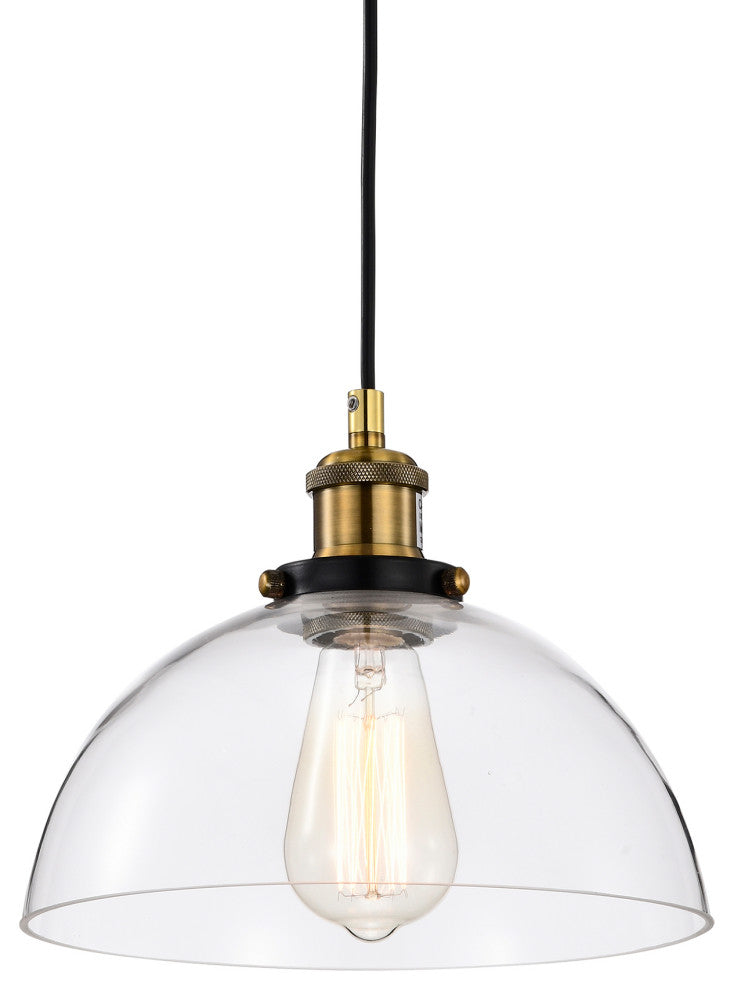 10 in. 1-Light Black and Antique Brass Pendant Light With Clear Dome Glass Shade