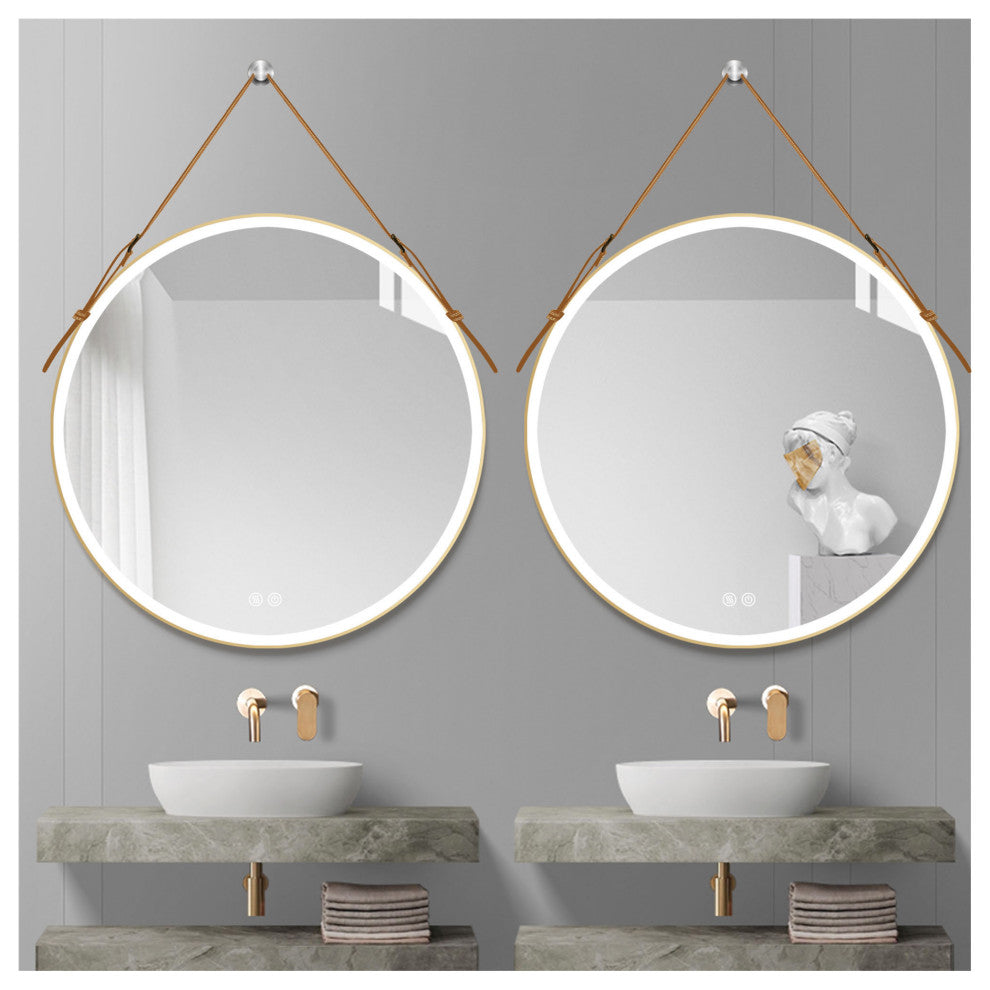 Round Framed Anti-Fog Dimmable Rope Hanging LED Bathroom Vanity Mirror, Godl, 32"32"