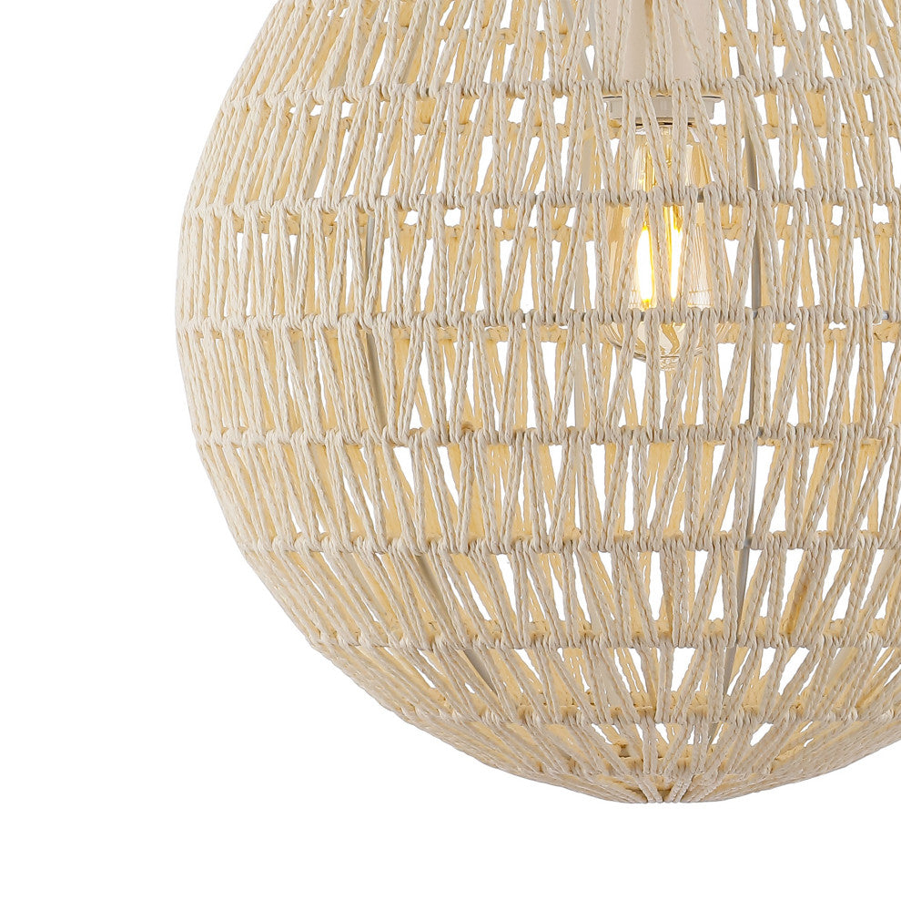 Luna 15.75" 1-Light Bohemian Modern Woven Rattan/Iron LED Pendant, Cream/White